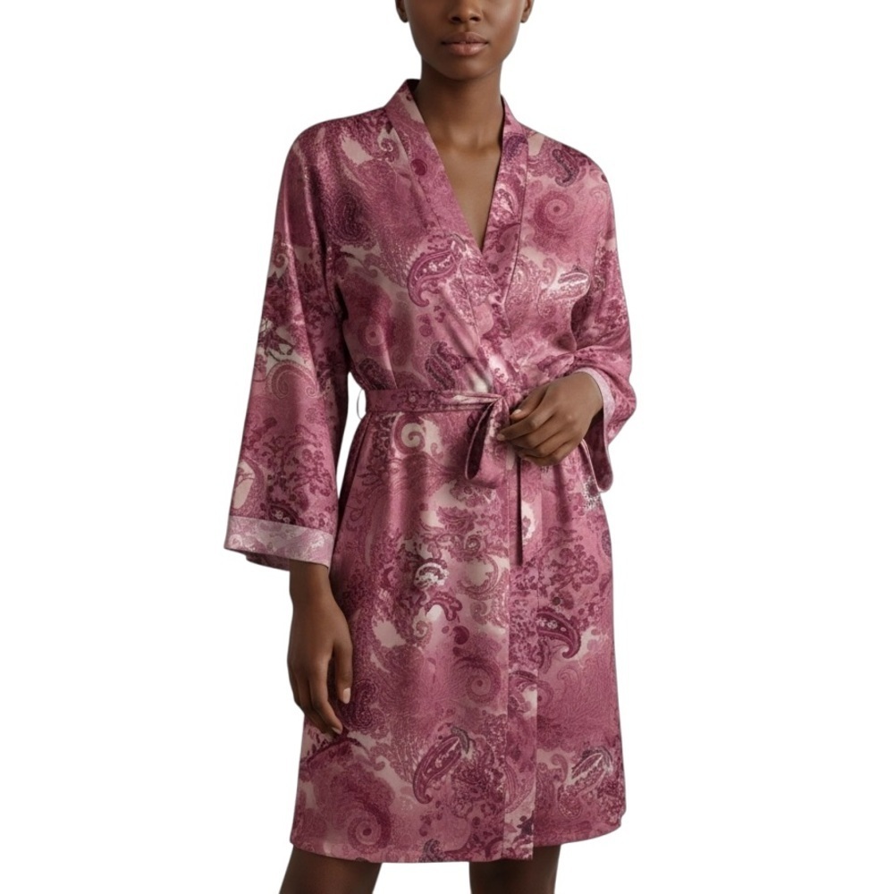 Delicates Casual Paisley Long Sleeve Open Front Tie Waist Kimono Robe Small Pink